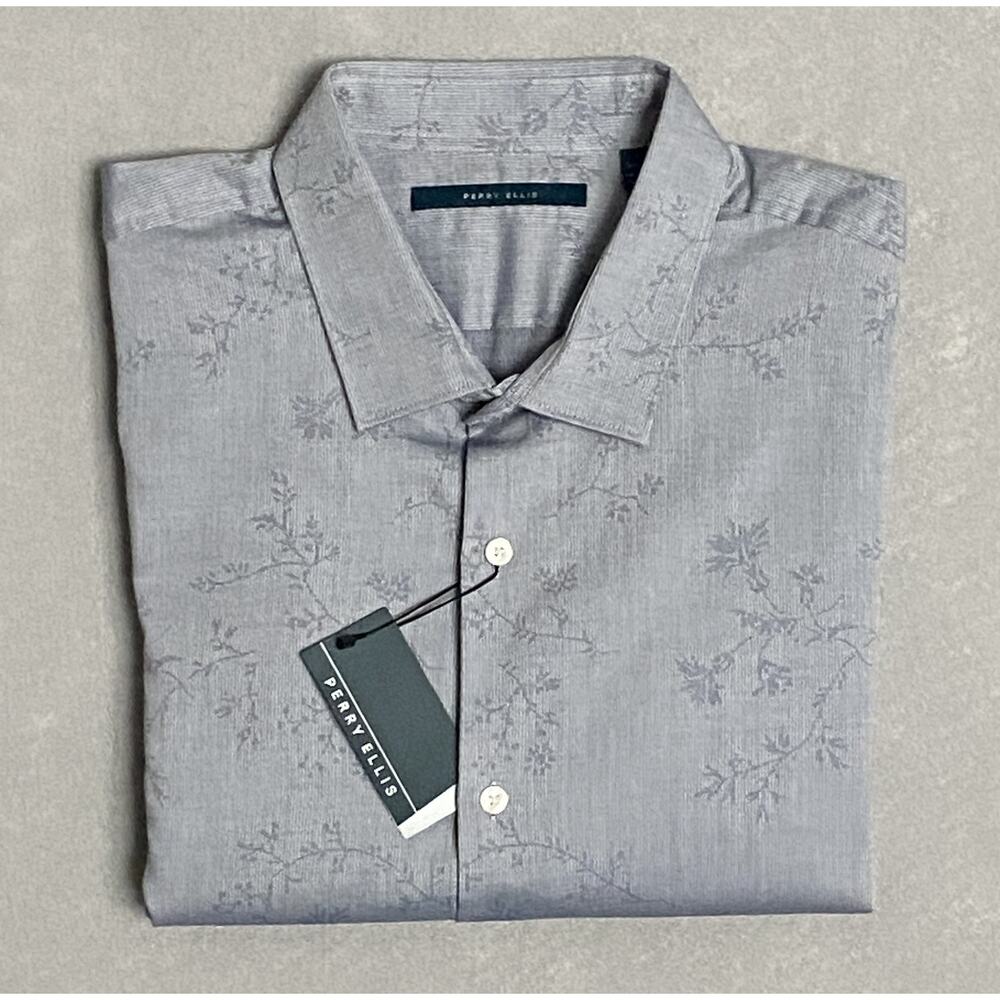 Perry Ellis Men's XXL Long Sleeve Button Up Shirt Grey Floral Pattern NEW